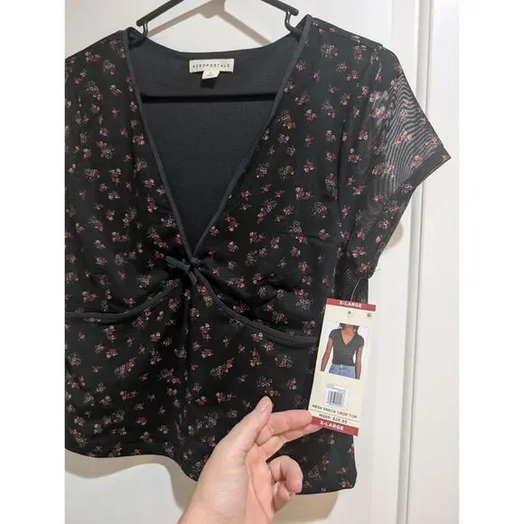 Aeropostale XL V-Neck Crop Mesh Floral top NWT Black pink - Picture 1 of 3